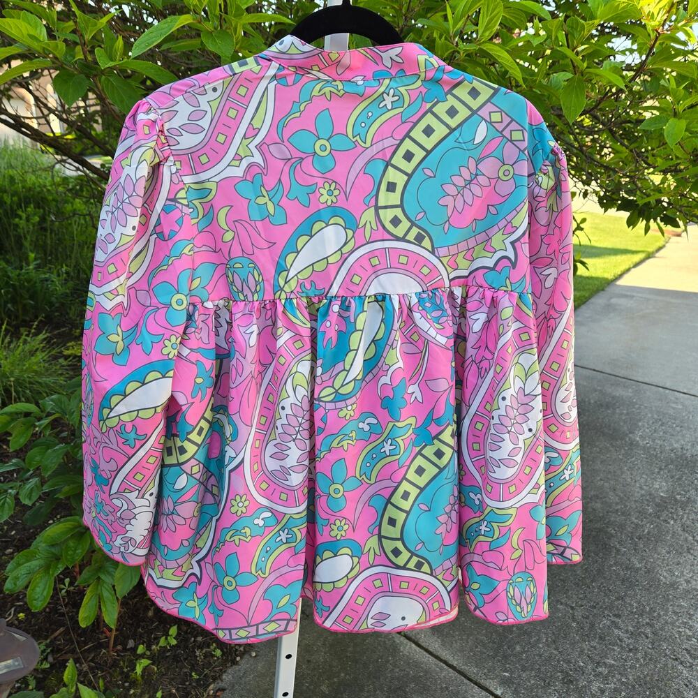 NWT Groovy Pink Green Multicolor Paisley Boho Top Festival Bell Sleeve size XL - Picture 3 of 10